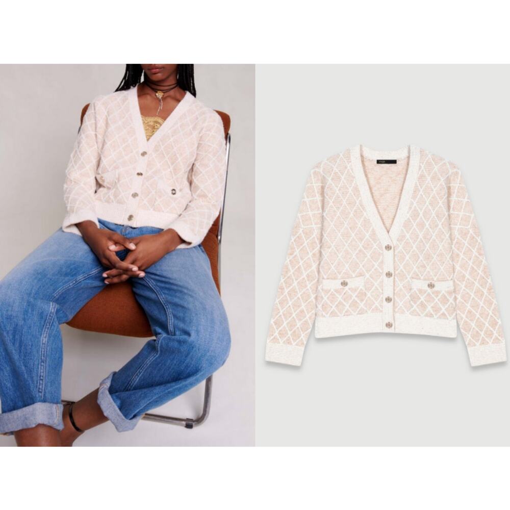 MAJE Moovida‎ Metallic Cardigan Sweater In Camel Fall Preppy Minimalist Luxury - Picture 2 of 7